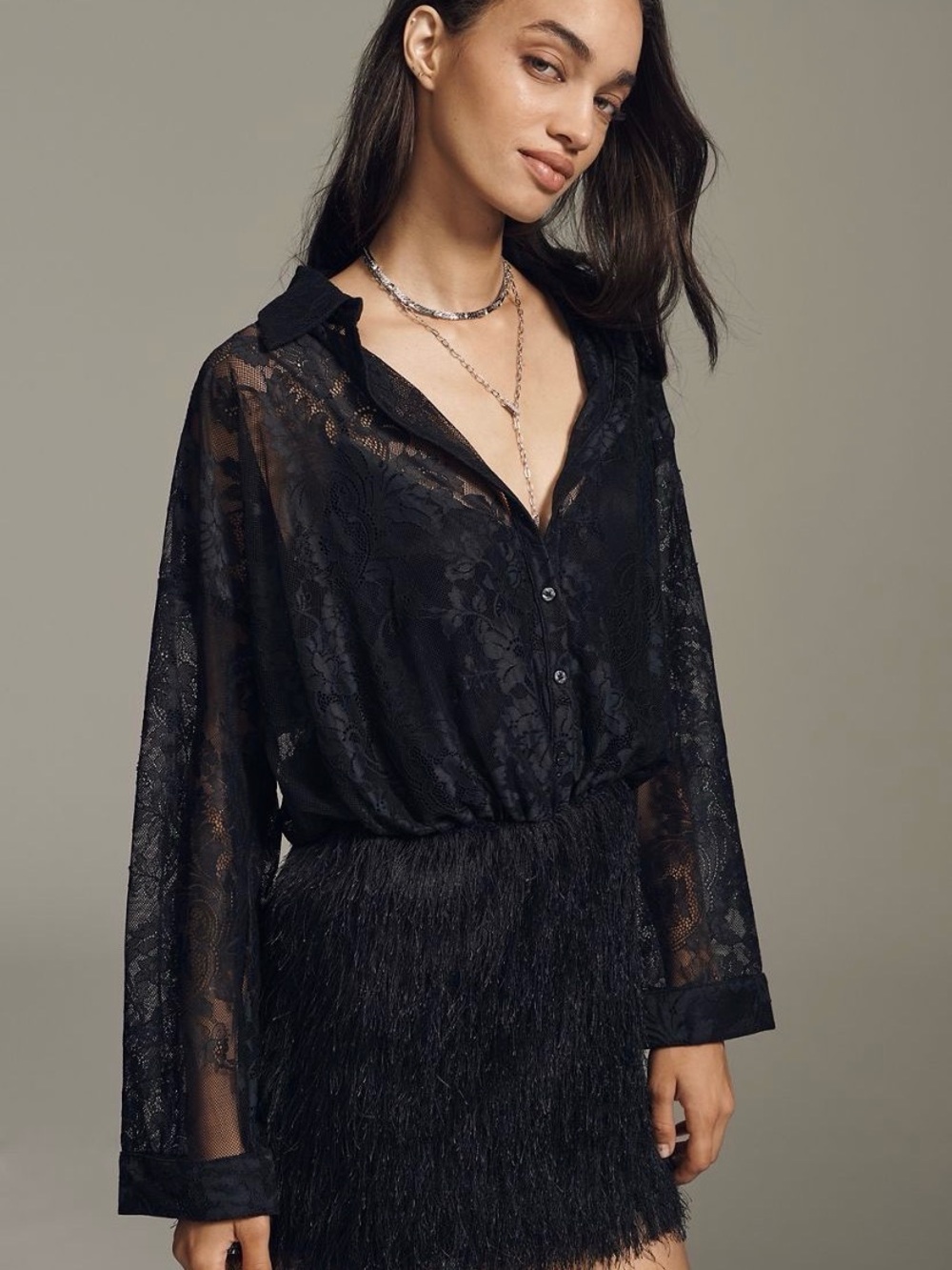 Anthropologie Black Sheer Lace Button-Front Mini Dress
